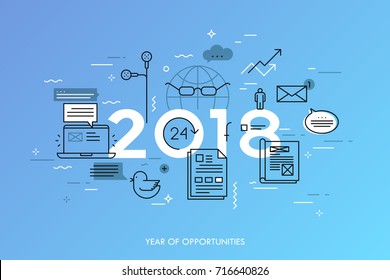 Infographic concept, 2018 - year of opportunities. Hot trends and predictions in global communication, social media, internet blogs, online instant messengers. Vector illustration in thin line style.