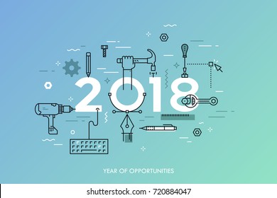 Infographic concept, 2018 - year of opportunities. Plans, trends and prospects in repairs, home remodeling, renovation and improvement, manual work tools. Vector illustration in thin line style.
