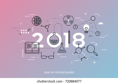 Infographic concept, 2018 - year of opportunities. Plans, trends and expectations in science, education, scientific research and development, higher education. Vector illustration in thin line style.