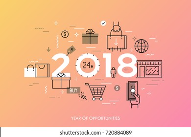 Infographic concept, 2018 - year of opportunities. Trends and prospects in online and offline shopping, electronic retailers, internet shops and discounts. Vector illustration in thin line style.
