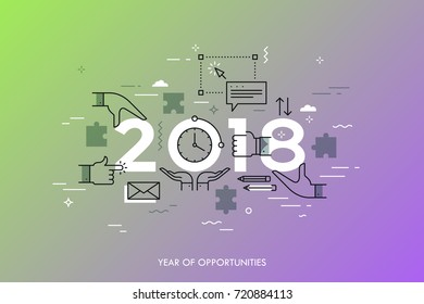 Infographic concept, 2018 - year of opportunities. Trends and perspectives in time management, effective daily planning, coordinated work and cooperation. Vector illustration in thin line style.