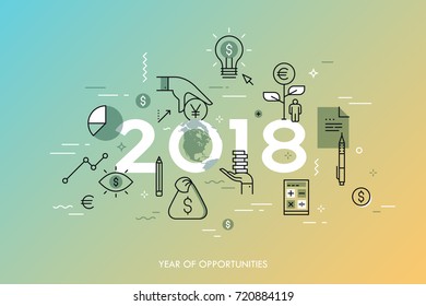 Infographic concept, 2018 - year of opportunities. Trends and prospects in economics, taxation, budget planning, money calculation and saving, personal banking. Vector illustration in thin line style.