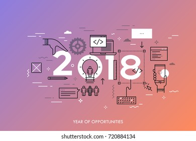 Infographic concept, 2018 - year of opportunities. Trends and prospects in web and mobile applications, software development, program coding, programmer tools. Vector illustration in thin line style.