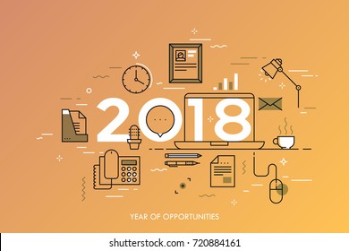 Infographic concept, 2018 - year of opportunities. Plans and prospects in freelance work, remote jobs, managing distance employees, home office and workplace. Vector illustration in thin line style.
