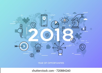 Conceito infográfico, 2018 - ano de oportunidades. Tendências e previsões em estratégias internacionais de expansão de negócios, entrada no mercado, planejamento estratégico. Ilustração vetorial em estilo de linha fina.