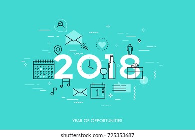 Infographic concept 2018 year of opportunities. Plans and expectations for holidays, new years party, vacation. Gifts and surprises. Vector illustration in thin line style for banner, header.