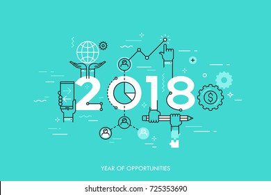 Infographic concept 2018 year of opportunities. New trends and prospects in global business communication, networking, teamwork strategies. Hopes and fears. Vector illustration in thin line style.