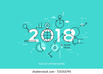 Infographic concept 2018 year of opportunities. New global trends and perspectives in online search, internet tools for business and project management. Vector illustration in thin line style.