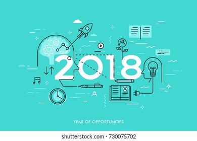 Infographic concept, 2018 - year of opportunities. New trends in idea generation, time management, experience exchange, self-education and self-development. Vector illustration in thin line style.