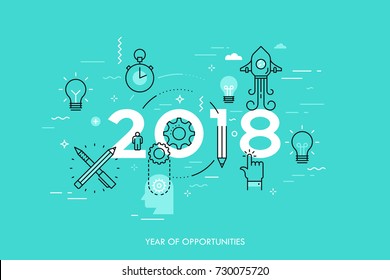 Infographic concept, 2018 - year of opportunities. New trends and predictions in startups, idea generation, innovations, modern thinking. Plans and prospects. Vector illustration in thin line style.