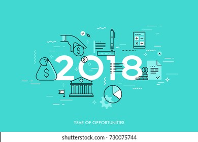 Infographic concept, 2018 - year of opportunities. New hot trends and predictions in economics, budget planning, money saving, tax and credit debt paying off. Vector illustration in thin line style.