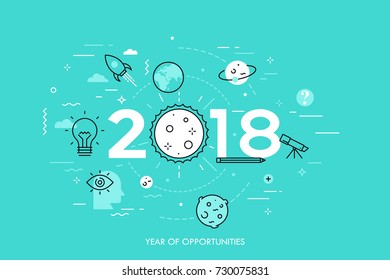 Infographic concept, 2018 - year of opportunities. Trends and prospects in space research and exploration, scientific studies, astronomy, spacecraft launches. Vector illustration in thin line style.