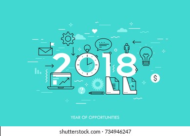 Infographic concept, 2018 - year of opportunities. New trends and prospects in business development, office work, time management, profit growth strategies. Vector illustration in thin line style.