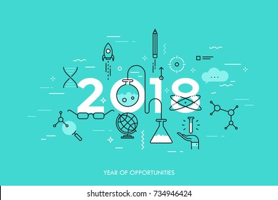 Infographic concept, 2018 - year of opportunities. Trends and predictions in science, education, scientific studies and discoveries, research, development. Vector illustration in thin line style.