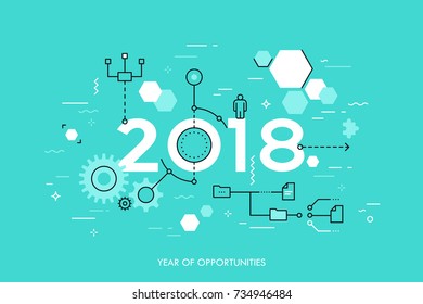 Infographic concept, 2018 - year of opportunities. Future trends and prospects in business process organization, structuring, networking, communication. Vector illustration in thin line style.