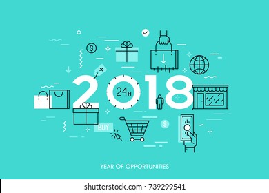 Infographic concept, 2018 - year of opportunities. Trends and prospects in online and offline shopping, electronic retailers, internet shops and discounts. Vector illustration in thin line style.