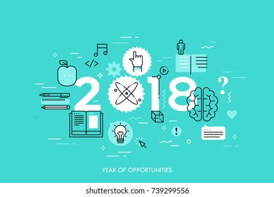 Infographic concept, 2018 - year of opportunities. Trends, prospects and predictions in internet education, distance learning, online educational programs. Vector illustration in thin line style.