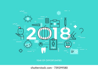 Infographic concept, 2018 - year of opportunities. Plans, trends, predictions and prospects in medicine, healthcare, medical service, healthy lifestyle. Vector illustration in thin line style.