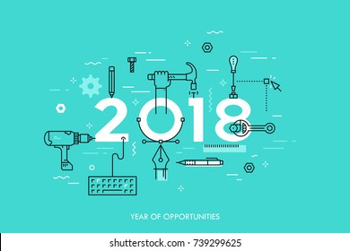 Infographic concept, 2018 - year of opportunities. Plans, trends and prospects in repairs, home remodeling, renovation and improvement, manual work tools. Vector illustration in thin line style.