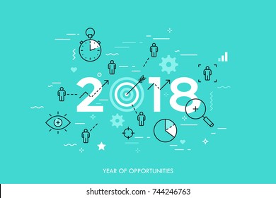 Concepto gráfico, año de oportunidades 2018. Planes, tendencias y perspectivas en materia de gestión del tiempo, establecimiento y logro de objetivos, selección de objetivos, trabajo eficaz en equipo. Ilustración vectorial en estilo de línea delgada.