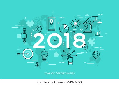 Infographic concept, 2018 - year of opportunities. Trends and predictions in international business expansion strategies, market entry, strategic planning. Vector illustration in thin line style.