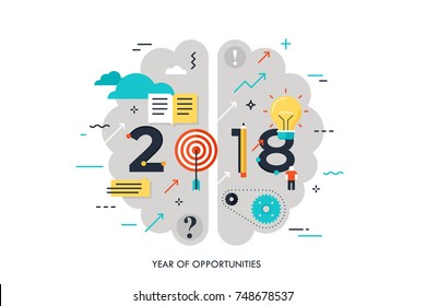 Infographic concept 2018 year of opportunities. New hot trends and prospects in education, global learning, idea generation, self-improvement techniques. Vector illustration in flat style.