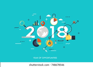 Infographic concept 2018 year of opportunities. New global trends and perspectives in online search, internet tools for business and project management. Vector illustration in flat style.