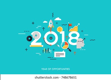 Infographic concept 2018 year of opportunities. New trends and prospects in startups, business development, profit growth strategies. Plans and expectations. Vector illustration in flat style.