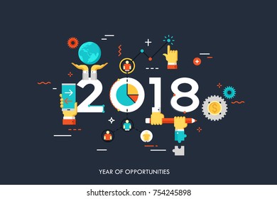 Infographic concept 2018 year of opportunities. New trends and prospects in global business communication, networking, teamwork strategies. Hopes and fears. Vector illustration in flat style.