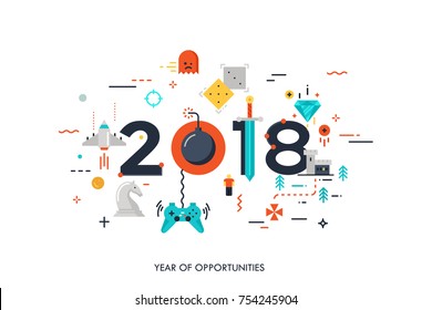 Infographic concept 2018 year of opportunities. New trends and prospects in game development, online gaming, game streaming applications, internet competitions for gamers. Vector illustration.