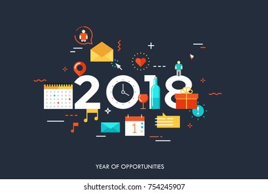 Infographic concept 2018 year of opportunities. Plans and expectations for holidays, new years party, vacation. Gifts and surprises. Vector illustration in flat style for banner, header.