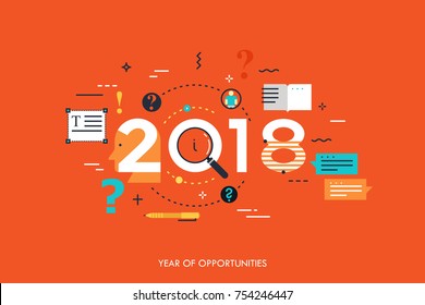 Infographic concept 2018 year of opportunities. New trends and prospects in Copywriting, text editing applications and technologies, information search. Vector illustration in flat style.