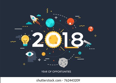 Infographic concept, 2018 - year of opportunities. Trends and prospects in space research and exploration, scientific studies, astronomy, spacecraft launches. Vector illustration in flat style.