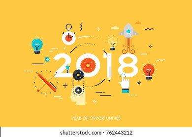 Infographic concept, 2018 - year of opportunities. New trends and predictions in startups, idea generation, innovations, modern thinking. Plans and prospects. Vector illustration in flat style.