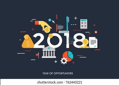 Infographic concept, 2018 - year of opportunities. New hot trends and predictions in economics, budget planning, money saving, tax and credit debt paying off. Vector illustration in flat style.