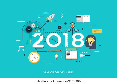 Infographic concept, 2018 - year of opportunities. New trends in idea generation, time management, experience exchange, self-education and self-development. Vector illustration in flat style.