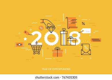 Infographic concept 2018 year of opportunities. New trends and prospects in internet shopping, online sales and discounts, buying luxury goods. Vector illustration in thin line style for banner.