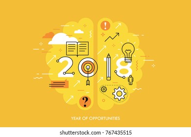 Infographic concept 2018 year of opportunities. New hot trends and prospects in education, global learning, idea generation, self-improvement techniques. Vector illustration in thin line style.