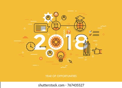 Infographic concept 2018 year of opportunities. New trends and prospects in international education, student exchange programs, online and distance learning. Vector illustration in thin line style.