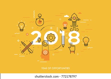 Infographic concept, 2018 - year of opportunities. New trends and predictions in startups, idea generation, innovations, modern thinking. Plans and prospects. Vector illustration in thin line style.