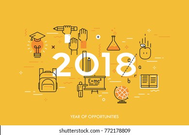 Infographic concept, 2018 - year of opportunities. New trends, prospects and predictions in science, scientific studies, schooling system and higher education. Vector illustration in thin line style.
