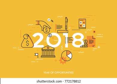 Infographic concept, 2018 - year of opportunities. New hot trends and predictions in economics, budget planning, money saving, tax and credit debt paying off. Vector illustration in thin line style.