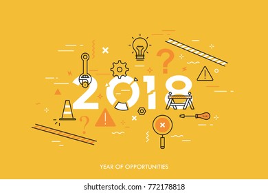 Infographic concept, 2018 - year of opportunities. New trends, plans, prospects and predictions in website repair and maintenance, technical support services. Vector illustration in thin line style.