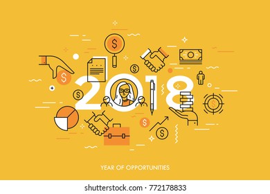 Infographic concept, 2018 - year of opportunities. Trends and prospects in personal budget planning, money saving, financial analysis, income growth strategies. Vector illustration in thin line style.