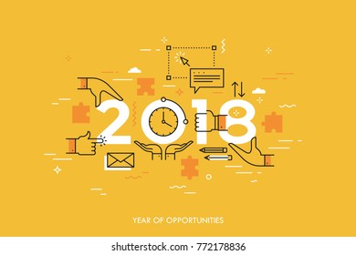 Infographic concept, 2018 - year of opportunities. Trends and perspectives in time management, effective daily planning, coordinated work and cooperation. Vector illustration in thin line style.