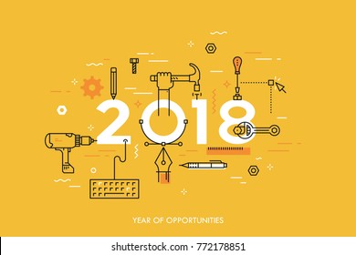 Concepto gráfico, año de oportunidades 2018. Planes, tendencias y perspectivas de reparación, remodelación, renovación y mejora de viviendas, herramientas de trabajo manual. Ilustración vectorial en estilo de línea delgada.