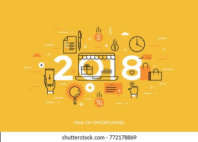 Infographic concept, 2018 - year of opportunities. New plans and predictions in online shopping, electronic commerce, internet retailers, sales, discounts. Vector illustration in thin line style.