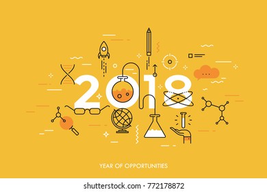 Infographic concept, 2018 - year of opportunities. Trends and predictions in science, education, scientific studies and discoveries, research, development. Vector illustration in thin line style.