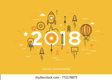 Infographic concept, 2018 - year of opportunities. New trends and expectations in startup launches, business development, profit growth, goal achievement. Vector illustration in thin line style.