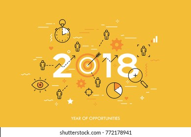 Infographic concept, 2018 - year of opportunities. Plans, trends and prospects in time management, goal setting and achievement, targeting, effective team work. Vector illustration in thin line style.